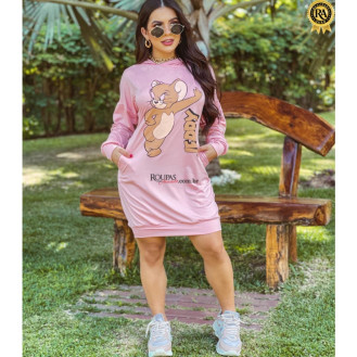 Vestido Manga Longa Com Capuz E Bolsos 