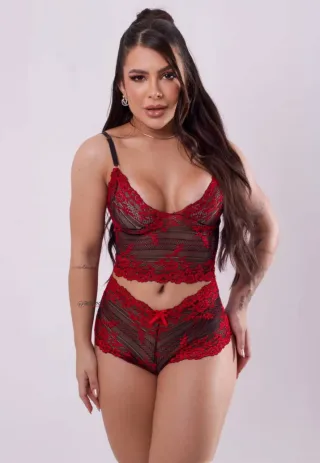Conjunto Lingerie Top Cropped de Renda e Shortinho
