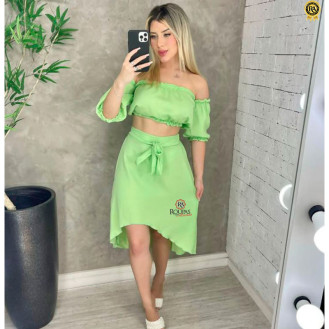 Conjunto Joyce Cropped Com Bojo E Saia Len�o