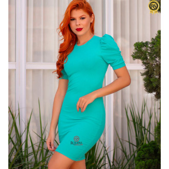 Vestido Curto Canelado Manga Bufante Princesa