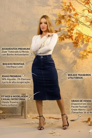 Saia Jeans Midi Feminina
