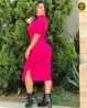 Vestido Midi Canelado Gola Alta Manga Curta