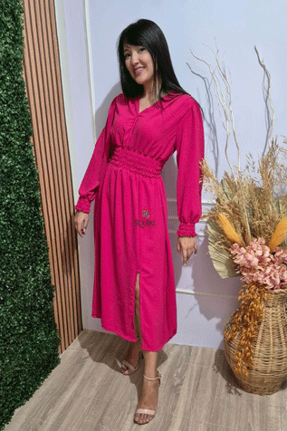 Vestido P�rola Manga Longa Com Fenda 