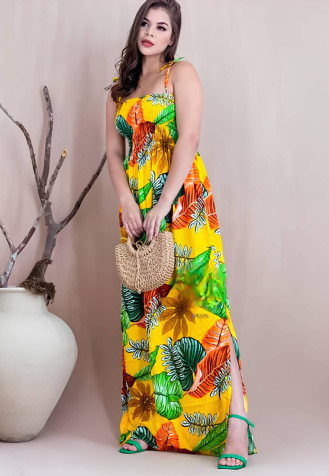 Vestido Longo Viscolinho Estampado Lastex