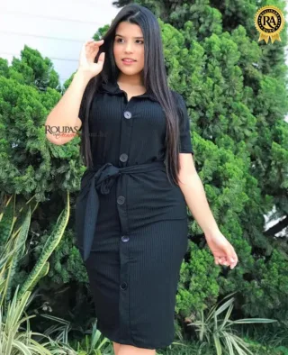Vestido Midi Canelado Com Bot�es Na Frente